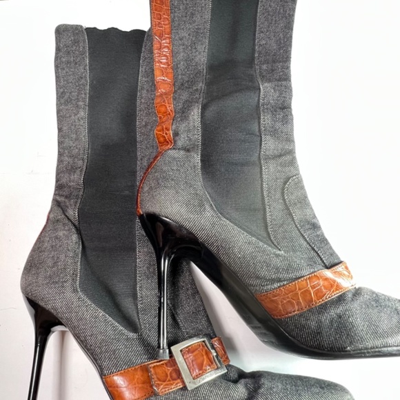 Vintage Dolce & Gabbana Mid Calf Denim Stiletto Boots w/Alligator Leather